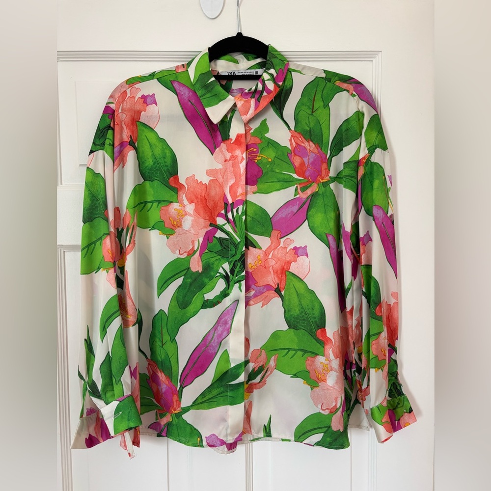 Zara Green and Pink Floral Blouse